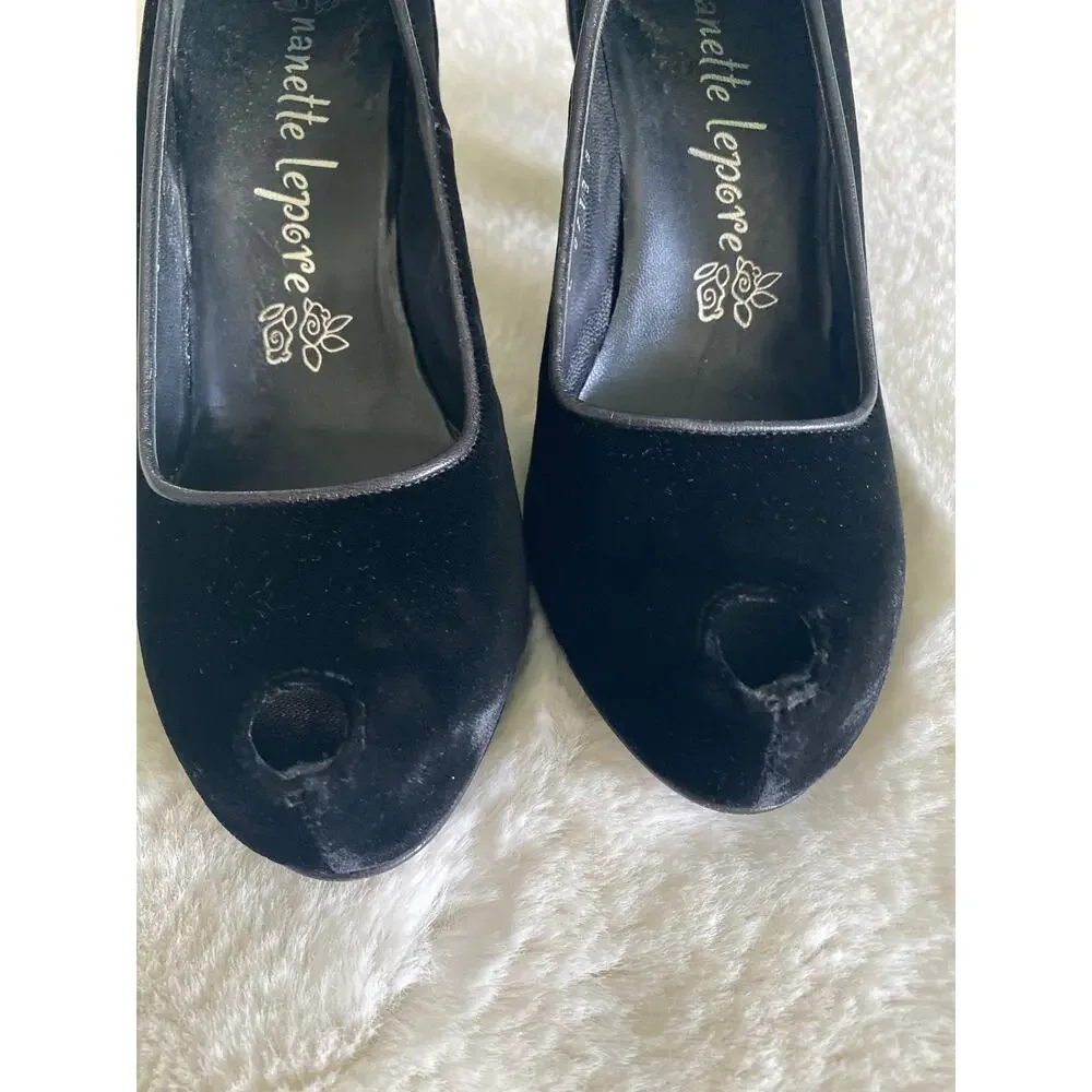 Nannette Lapore Peep Toe Ribbon Bow Tie Black Velvet Heels Sz‎ 8